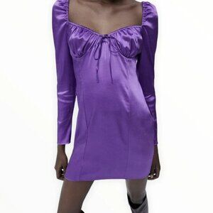 ZARA Women's Large Lilac Purple Gathered Ruched Satin Effect Mini Dress